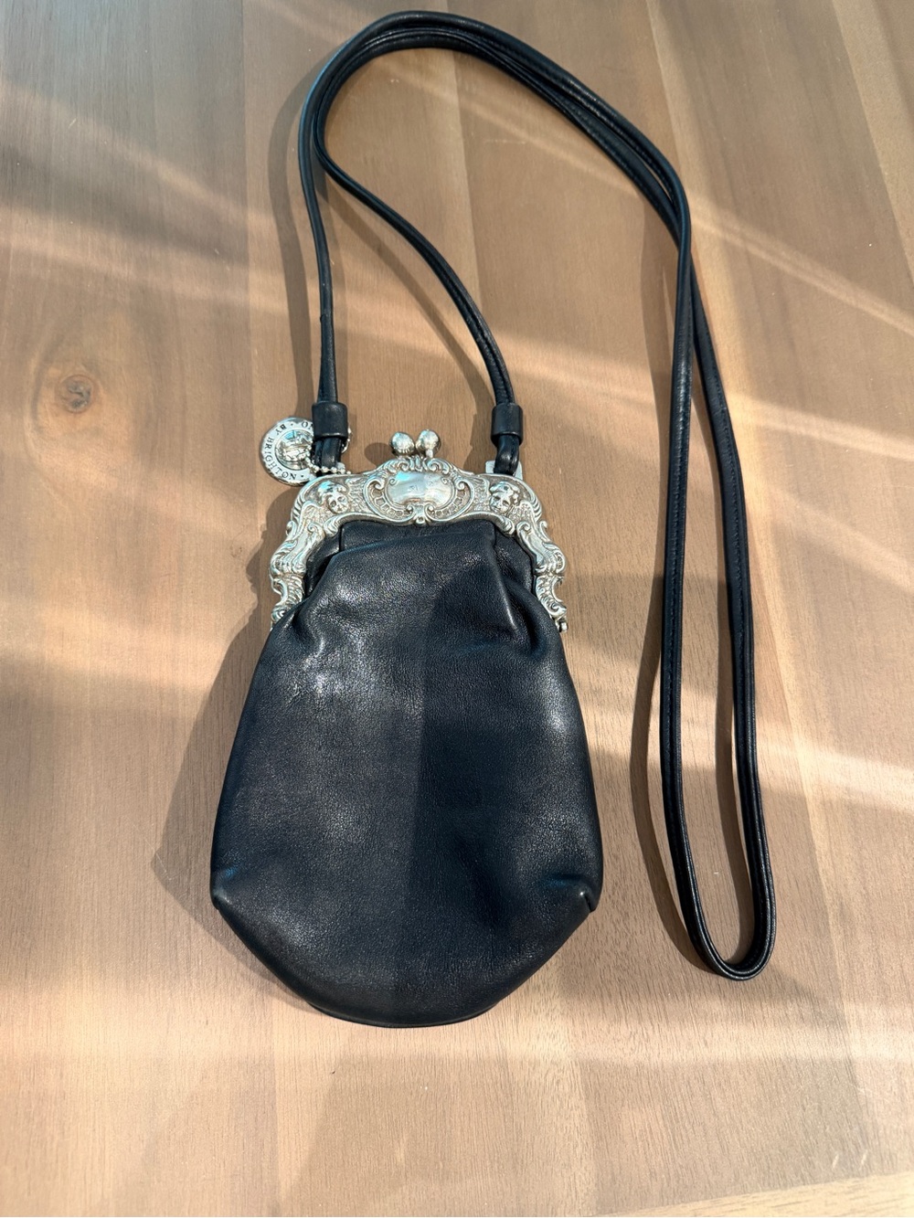 BRIGHTON Black Leather Crossbody Bag with Ornate Silver Frame